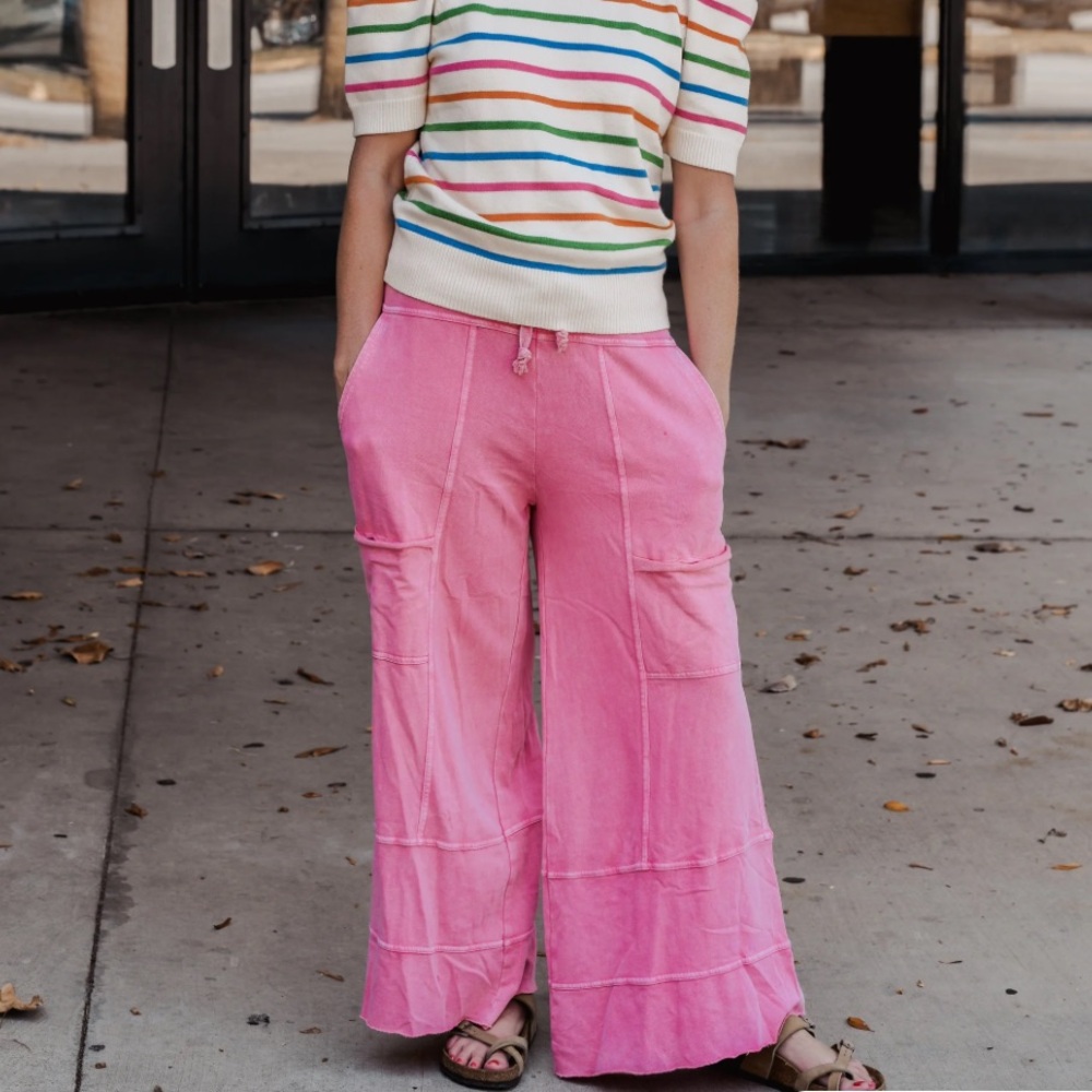 Easel Pink Mineral Washed Palazzo Boho Wide Leg Cargo Pants